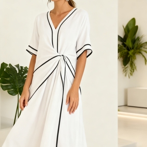 ชุดเดรสแฟชั่นคอวีแขนสั้นสีตัดกันแบบหลวมๆสำหรับผู้หญิง - Product Image 5