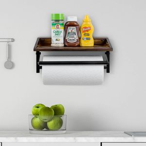 Wooden Wall-Mounted Storage Rack With <b>Paper</b> Towel Holder For <b>Kitchen</b> Seasonings And Supplies Brown Rectangle Durable - Product Image 1