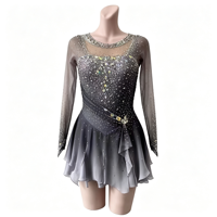 Robe de patinage artistique à col rond, dégradé noir-gris, manches longues, dos en T, ornée de strass, pour filles et femmes