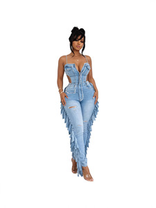 Nuovi Arrivi: <span class=keywords><strong>Tuta</strong></span> <span class=keywords><strong>in</strong></span> Denim da Donna con Logo Personalizzato, Sexy con Scollo a V e Dettagli Traforati, <span class=keywords><strong>Tuta</strong></span> Intera Casual - Product Image 5