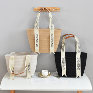 Woven Tote <b>Bag</b> Large Capacity Summer <b>Beach</b> <b>Bag</b> Casual Straw Handbag For <b>Women</b> Khaki Beige Black Minimalist Style - Product Image 1