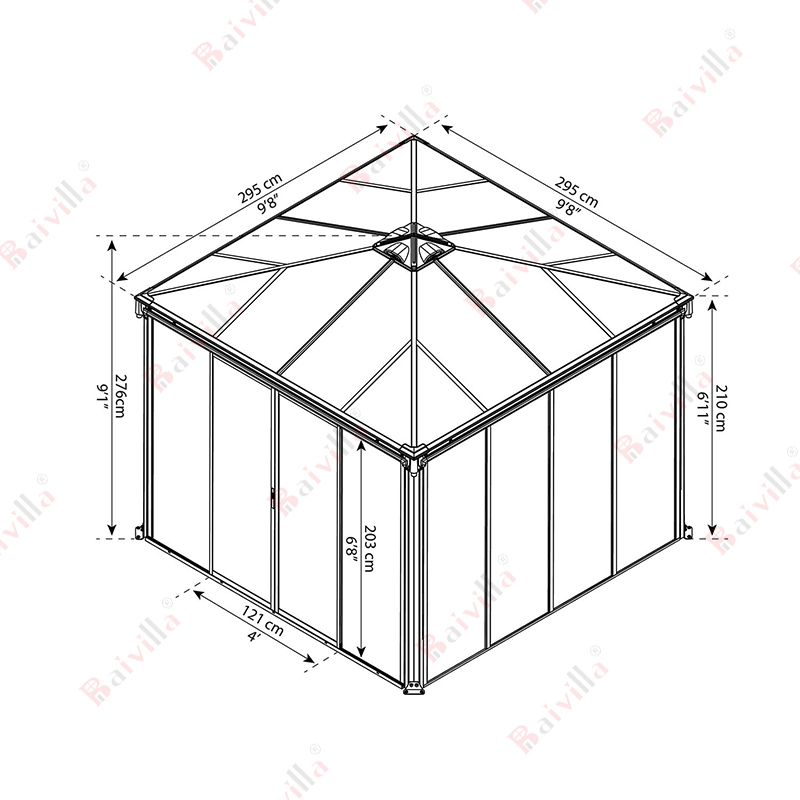 Música Moderna diseño de policarbonato paneles de efecto invernadero Durable estructura de aluminio terraza Kit con integrada