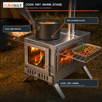 Портативная дровяная печь FLAMEBUILT OEM из нержавеющей стали для палаток с окнами из стекла, дымоходами и складными боковыми полками
