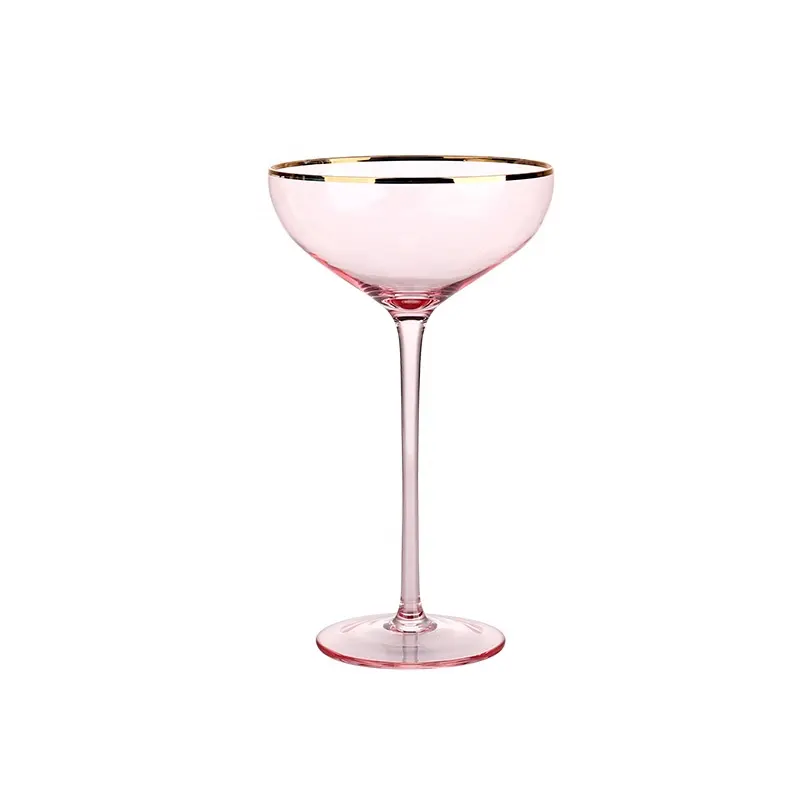 손으로 만든 도금 선물 주문 핑크 컬러 와인 유리 goblets 골드 림 사용자 정의 색상 stemware mojito 선물 칵테일 유리