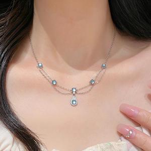 Collar de Plata de Ley S925, Lujoso y Exquisito, con Cadena de Doble Capa, Borla de Gota de Agua Azul Hielo, Collar en Capas Azul Marino de Moda - Product Image 5