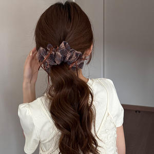 한국 스타일 카레 컬러 메쉬 플래드 보우 대형 헤어 링 여성용 레트로 수제 고탄성 웨딩 헤어 장식 - Product Image 3