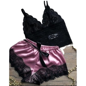 Conjunto de Lencería Sexy de Encaje y Satén para Mujer 2026, Top Halter + Pantalones Cortos con Cintura Elástica, Pijama Talla Grande para Verano - Product Image 1