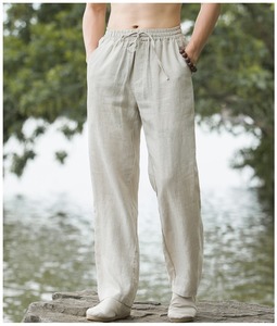 Men Plus Size <strong>Drawstring</strong> 100% <strong>Linen</strong> White <strong>Pants</strong> Lightweight Loose Wide Leg Trousers - Product Image 1