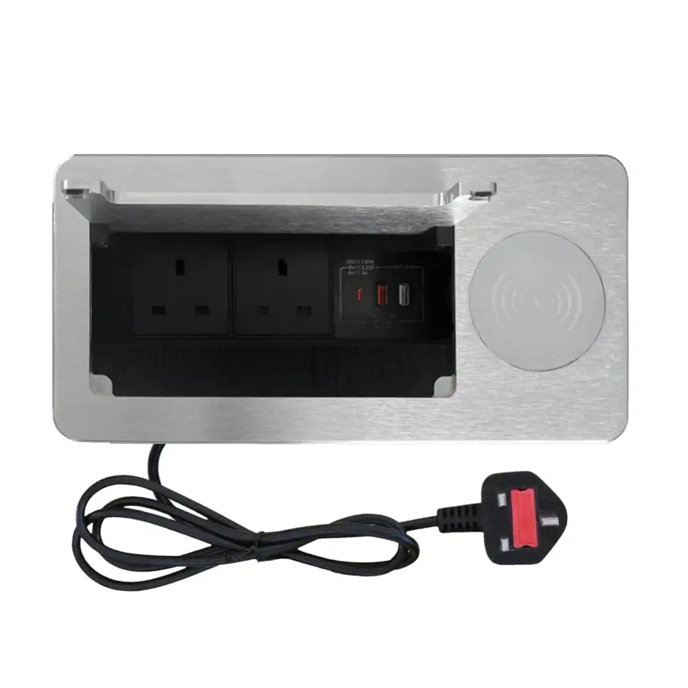 UK prise de courant chargeur sans fil table brosse couvercle rabattable boîte de connectivité avec prise de courant, USB et chargeur de type C