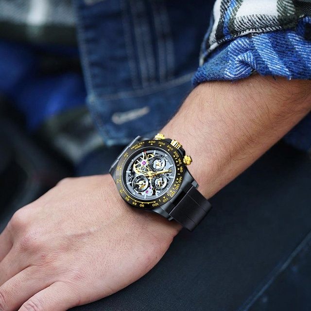 Day-tona Men's Skeleton Mechanical Watches, Stainless Steel Case, Sapphire Crystal Glass, Transparent Case Back Movement