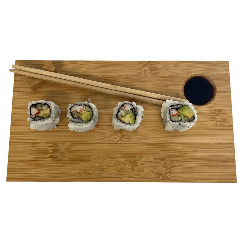 Custom Logo Natuurlijke Bamboe Houten Restaurant Sushi Serveerschaal Met Eetstokjes En Saus