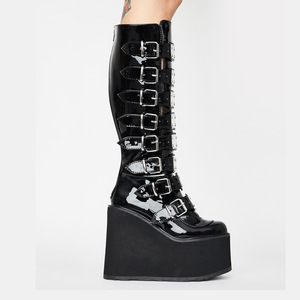 Chaussures à talons compensés Super hauts de 12CM, chaussures à plate-forme augmentant la hauteur pour femmes, bottes hautes noires Punk à Tube Long - Product Image 2