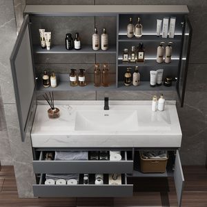 Modern Nordic style rock slab ceramic seamless integrated basin intelligent lighting defogging <b>mirror</b> bathroom cabinet - Product Image 4