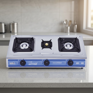 Table de cuisson à gaz ZGBES 3 brûleurs (2 grands, 1 petit) en acier inoxydable, commande par bouton, sans prise requise, portable, usage domestique - Product Image 1