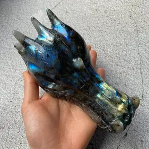 Pha Lê Chạm Khắc Tay Động Vật Pha Lê Tự Nhiên Đầu Rồng Nghệ Thuật Điêu Khắc Labradorite Dragon Skulls Để Trang Trí