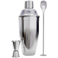 Juego de coctelera de 3 piezas con jigger doble, cuchara de barra de acero inoxidable y colador incorporado para bar en casa y coctelería.
