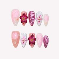 Ongles à presser en acrylique 3D gaufrés, motif fleur de pomme de pin, perle, goutte d'eau, dégradé, forme amande, options de logo personnalisables