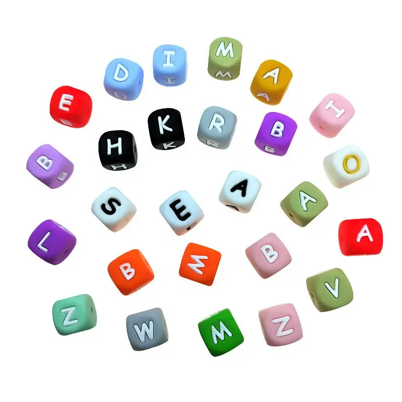 도매 제품 12mm 다채로운 실리콘 편지 구슬 bpa 무료 인쇄 알파벳 실리콘 초점 구슬 키 체인 만들기
