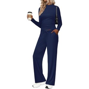 Ensemble de détente deux pièces FOXA pour femme : haut à col montant et pantalon large à manches longues, tenue tricotée respirante pour le quotidien et les voyages - Product Image 2