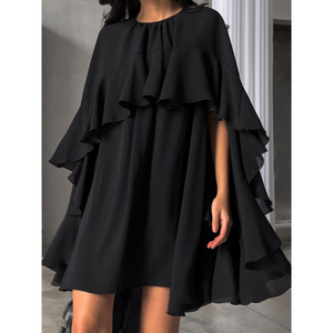 <span class=keywords><strong>Abito</strong></span> Elegante <span class=keywords><strong>Nero</strong></span> da Donna VV 2026 Primavera Vintage <span class=keywords><strong>con</strong></span> <span class=keywords><strong>Balze</strong></span> Stratificate, Orlo a Foglia di Loto e Maniche a Tre Quarti Stile Mantella - Product Image 1