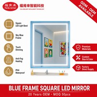 Miroir de salle de bain anti-buée Fullkenlight pour projets hôteliers, marché des matériaux de construction, miroir de salle de bain LED carré avec cadre bleu