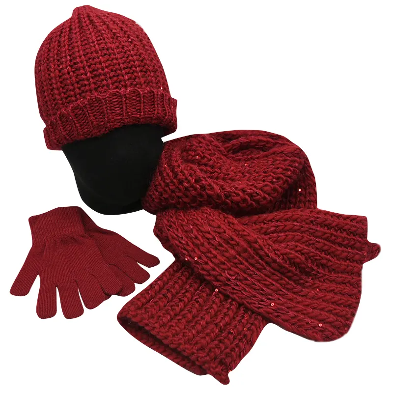 ชุดถุงมือหมวกบีนนี่สำหรับผู้หญิง,ผ้าพันคอถักสำหรับฤดูหนาว