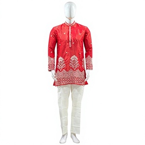 Ensemble Kurta Rouge Premium Scintillant pour Homme avec Broderies Perles Riches et Pantalon Coupe Bootcut Séchage Rapide Été Indien/Pakistanais - Product Image 1