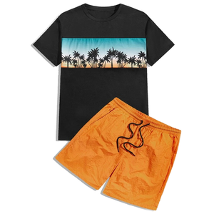 Men's Casual T-Shirt <b>Set</b> With Printed Tee & Shorts Breathable Summer Wear Quick Dry <b>Knitted</b> Fabric Crew Neck Design - Product Image 1