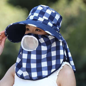Sombrero de Sol a Cuadros con Protector Facial, Transpirable, de Ala Ancha, para Uso en Exteriores, Primavera y Verano, Sombrero Tipo Pescador para Adultos - Product Image 1