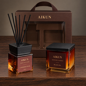 Coffret cadeau diffuseur de parfum à bâtonnets en verre ambré carré Aikun, deux pièces, avec bâtonnets en fibre noire, logo personnalisé pour cadeaux d'affaires - Product Image 3