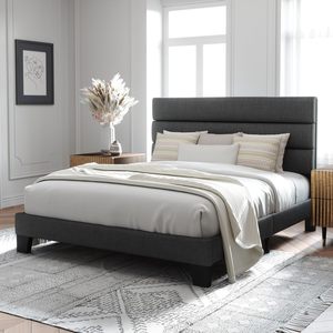 Lit plateforme moderne et minimaliste Queen Size avec rangement, tête de lit rembourrée <span class=keywords><strong>en</strong></span> tissu résistant à la décoloration et aux grincements, <span class=keywords><strong>en</strong></span> bois - Product Image 3