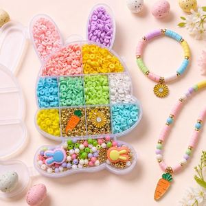 Kit de Caja con Forma de Conejo de Pascua para Hacer Pulseras, Cuentas Heishi de Arcilla Polimérica Planas y Redondas con Dijes de Zanahoria para Niños - Product Image 1