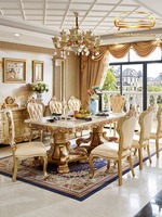 Table à manger rectangulaire en marbre de style européen, ensemble de salle à manger de luxe pour villa, meubles sculptés en bois massif, 8 places avec rangement