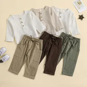 2 पीस स्प्रिंग बेबी बॉय कपड़े सेट 0-4Y टॉडलर किड्स मलमल ऑर्गेनिक कॉटन लंबी आस्तीन वाली टी-शर्ट ढीली पैंट ठोस बच्चों के आउटफिट