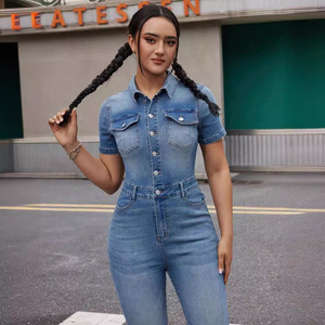 Nouvelle vente chaude commerce extérieur lavé une pièce pantalon droit élastique une pièce jean femmes combinaisons combishorts - Product Image 3