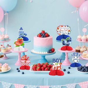 8 Pezzi Centrotavola a Nido d'Ape Fragola e Mirtillo per Rivelazione del Sesso del Bambino, Rosso Blu, 'Cosa sarà il nostro dolce bimbo?' - Product Image 2