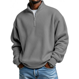 Sweat-shirt à capuche pour homme, col zippé, en maille gaufrée, à manches longues, coupe décontractée, avec poches - Product Image 2
