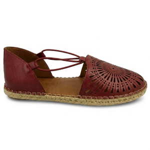 Sandalias Planas de Cuero Genuino Color Borgoña, Punta Abierta, Cierre de Correa, Transpirables, Estilo Espadrille para Verano - Product Image 1