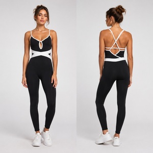 Women's Black White High Waist Knitted Breathable High Stretch Slim Fit Sleeveless Backless Yoga <b>Jumpsuit</b> Activewear - Product Image 1