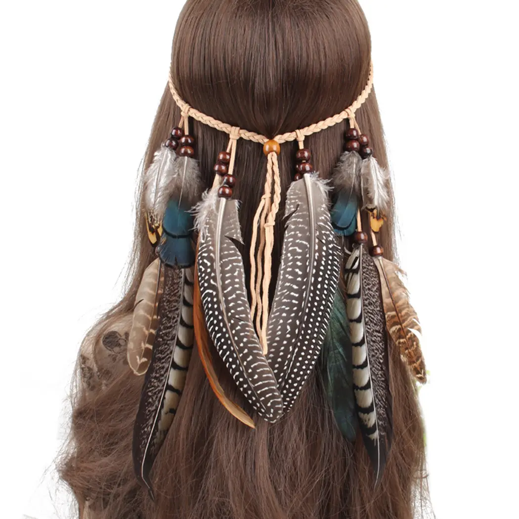 Banda de pelo con plumas bohemias, ornamento para el pelo de estilo nacional, ornamento para el pelo hecho a mano puro, 2021
