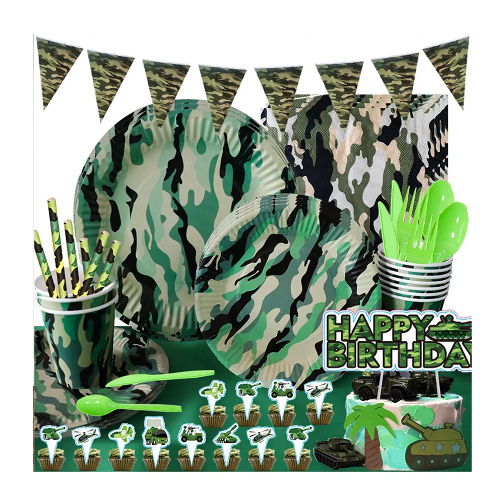 Army Green Camouflage Themed Disposable Party Cutlery Paper Plate Napkin Banners Baby Shower Birthday Party Decoration Supplies