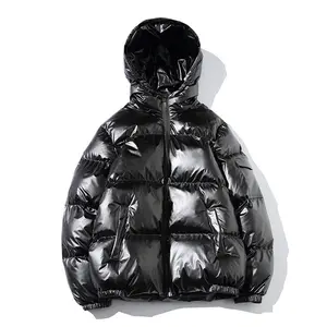 Unisex kapşonlu siyah ağır tasarımcı erkek uzun kaban Oem kış yastıklı kabarcık artı boyutu özel Logo erkekler parlak balon ceket
