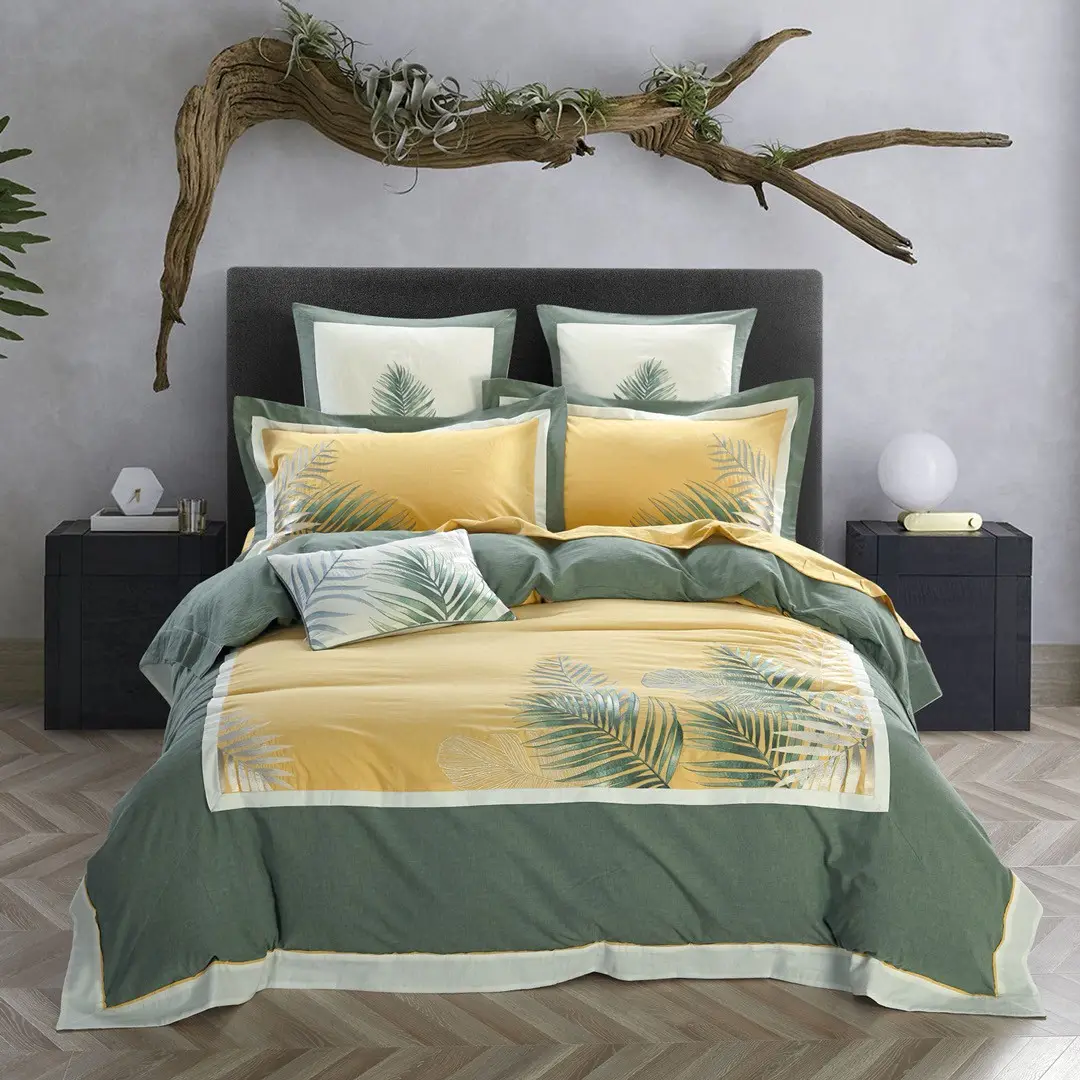 Drap de lit vert en coton premium confortable luxe king size broderie végétale housse de couette ensemble de literie grossiste