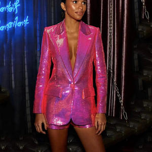 Long Sleeve <strong>Hot</strong> Rose <strong>Pink</strong> <strong>Sequin</strong> Blazer Suit Ladies Two Piece <strong>Shorts</strong> and Jacket Blazer Suits Club Outfits for Women - Product Image 1
