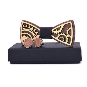 Nœud <span class=keywords><strong>papillon</strong></span> vintage pour homme en <span class=keywords><strong>bois</strong></span> <span class=keywords><strong>sculpté</strong></span> ajouré, rétro, en polyester, couleur unie, haute qualité, avec ensemble de boutons de manchette - Product Image 4