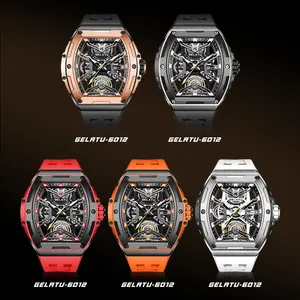 GELATU 6012 Stock Available Rectangle Fashion Sport Watch 316L Stainless Steel Case Silicone Strap Mechanical Watches Men