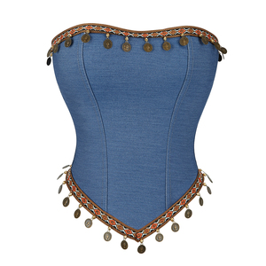 Corset bleu vintage avec décoration de perles rondes couleur cuivre, corsage Renaissance pour femmes, bustier court - Product Image 1