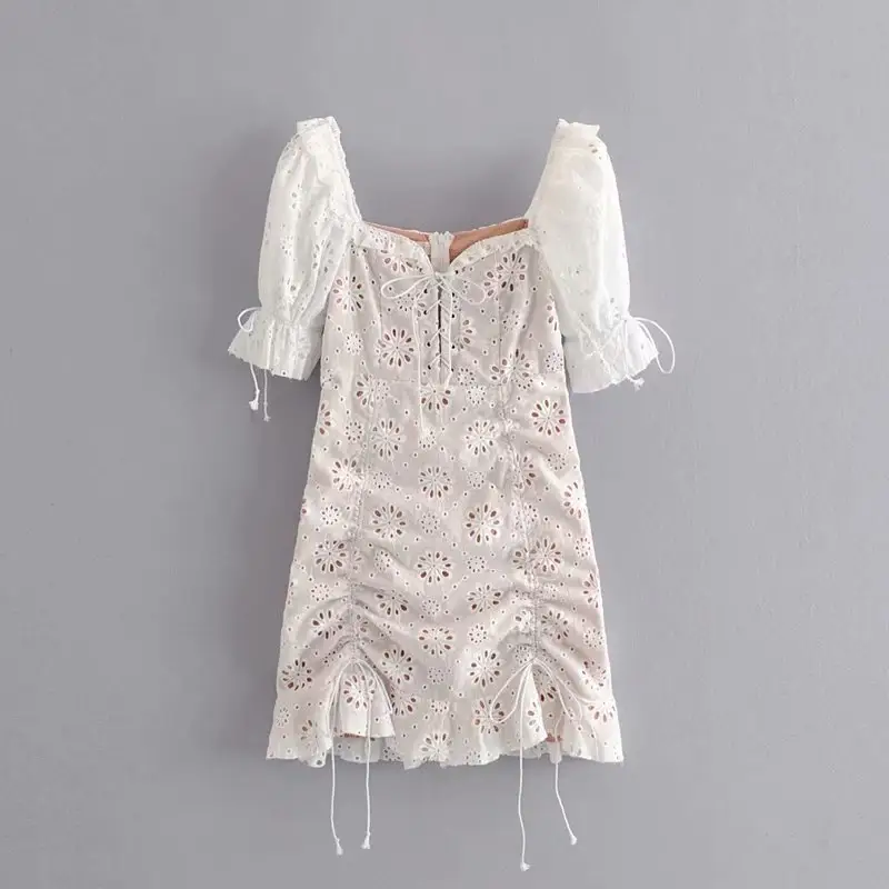 S2946C White color elegant casual dresses full lined eyelet cotton embroidered half sleeve women summer sexy bodycon mini dress