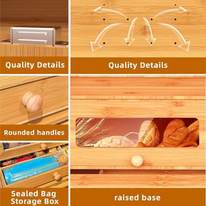 Bamboo Bread Box With Drawers Natural Wood Food <b>Storage</b> <b>Kitchen</b> Organizer - Product Image 4