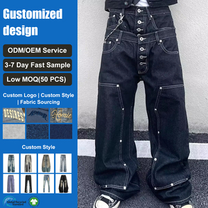 Jean Baggy Noir en Denim Personnalisable avec Double Taille, Boutons et Poches, Denim Noir Uni, Style Streetwear pour Hommes - Product Image 1